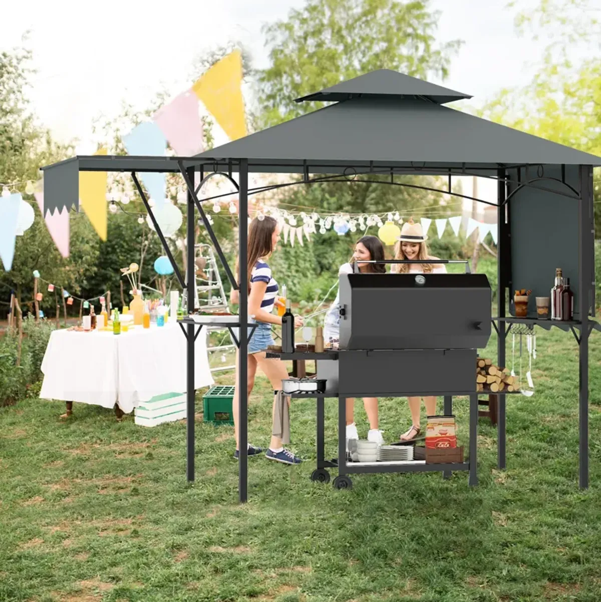 Gazebo with Dual Side Awnings, 2 Shelves, and Adjustable Shade for Outdoor Relaxation