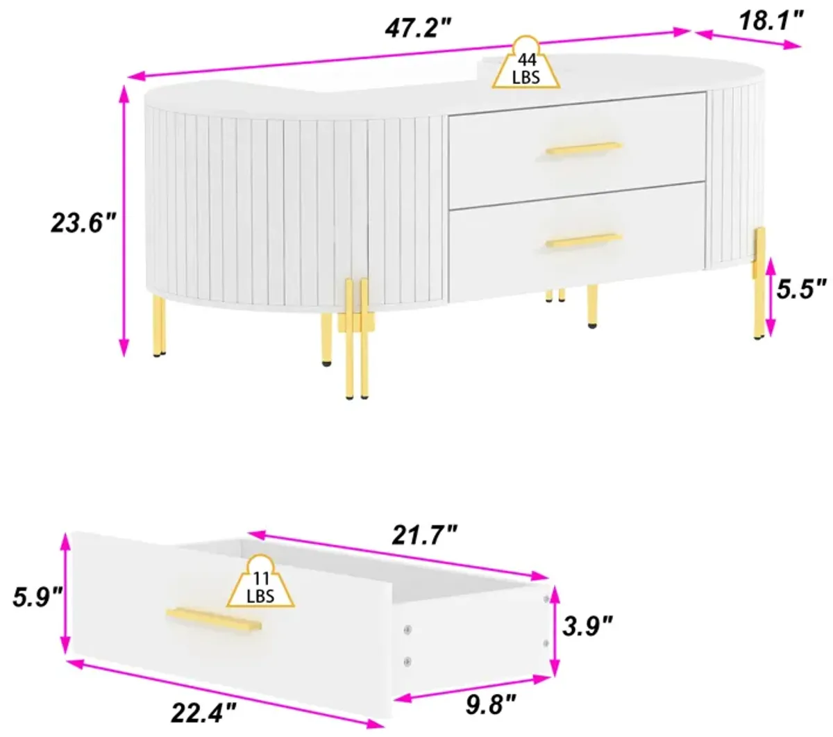 FUFU&GAGA White Mdf Modern Coffee Table with Storage (47.2"W x 18.1" D x 23.6" H), White