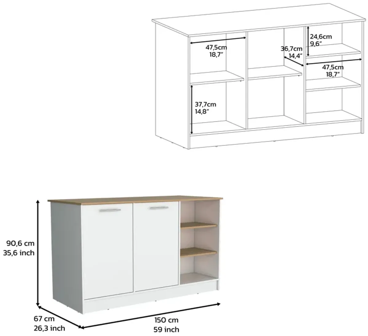 Mars Kitchen Island With Two Cabinets and Three open Shelves, White/Natural Oak