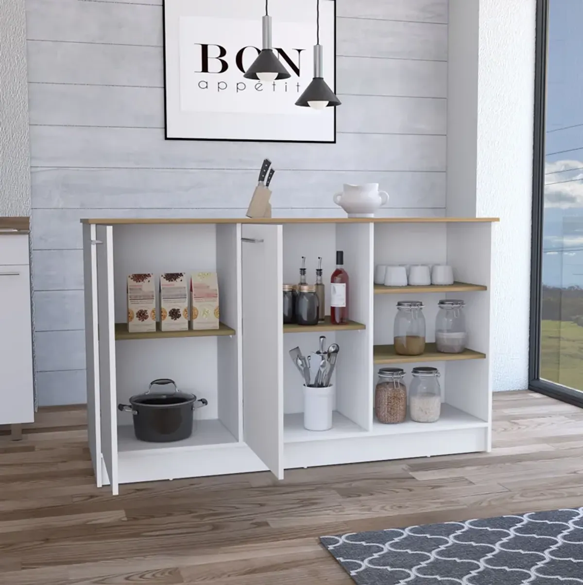 Mars Kitchen Island With Two Cabinets and Three open Shelves, White/Natural Oak