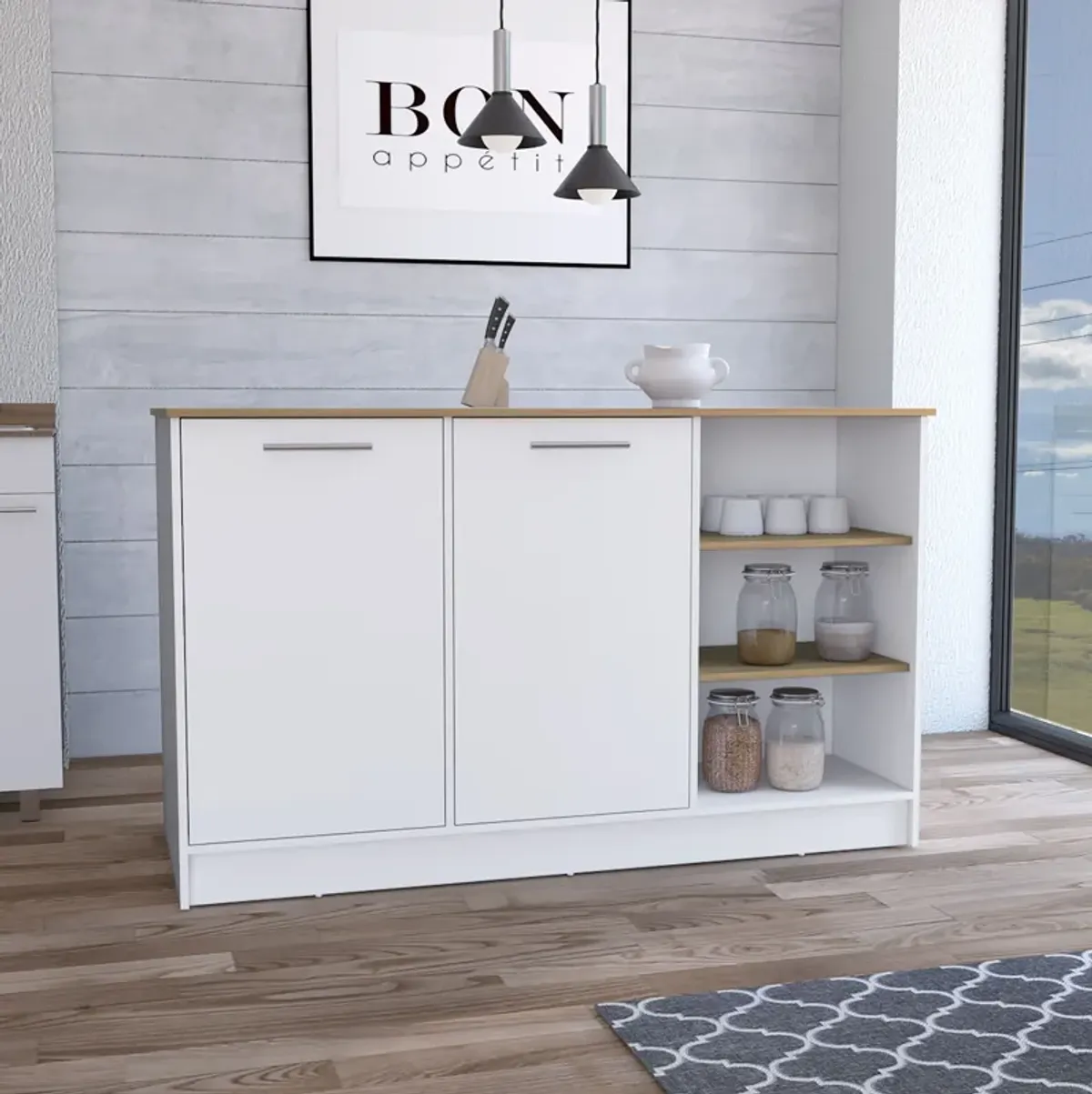 Mars Kitchen Island With Two Cabinets and Three open Shelves, White/Natural Oak