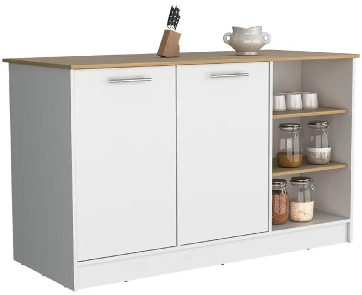 Mars Kitchen Island With Two Cabinets and Three open Shelves, White/Natural Oak