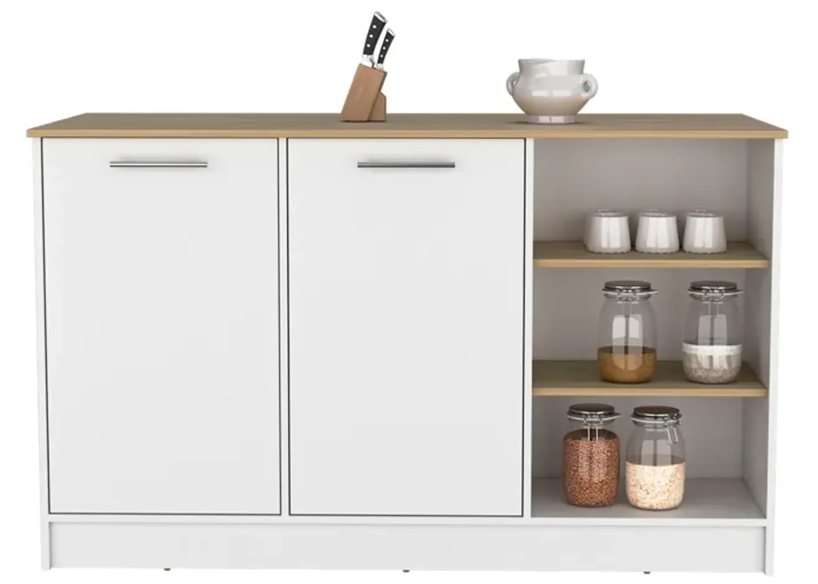 Mars Kitchen Island With Two Cabinets and Three open Shelves, White/Natural Oak