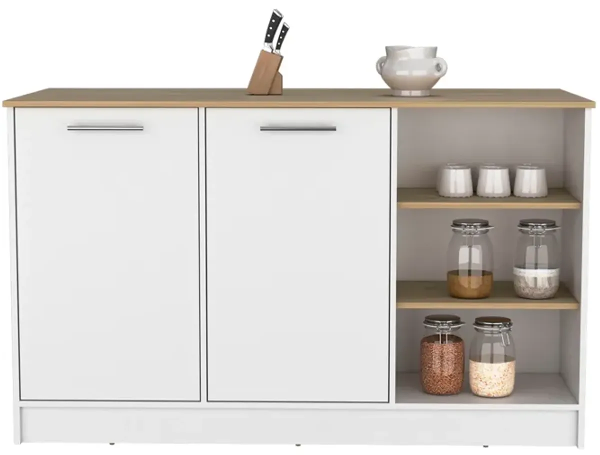 Mars Kitchen Island With Two Cabinets and Three open Shelves, White/Natural Oak