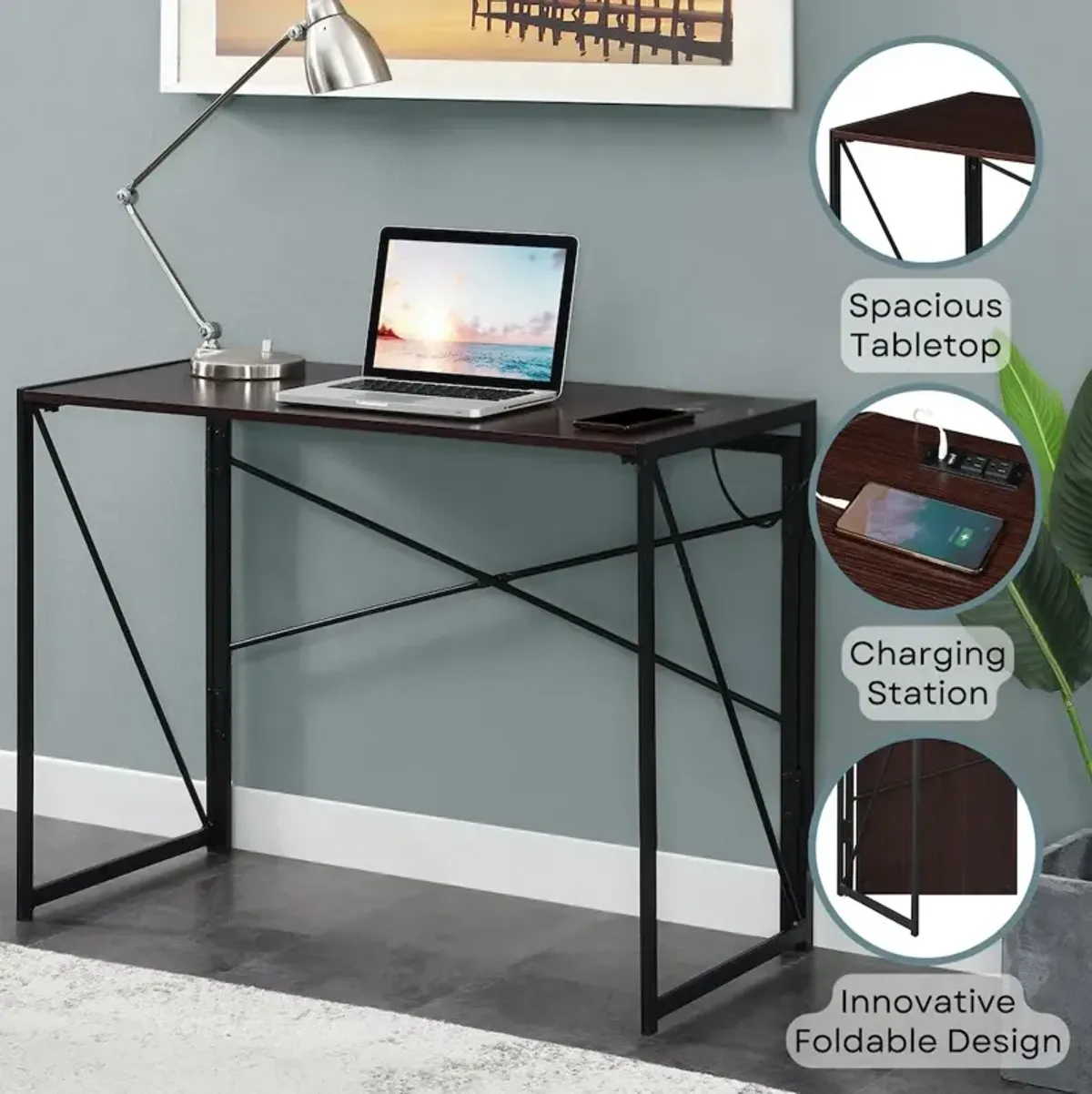 Convenience Concepts Xtra Folding Desk with 2 Outlets and 2 USB Ports