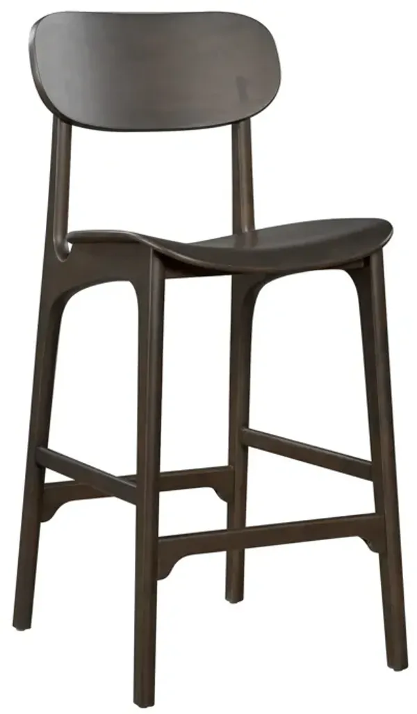 Seln 30 Inch Barstool Chair, Curved Seat, Open Back, Dark Gray Wood - Benzara