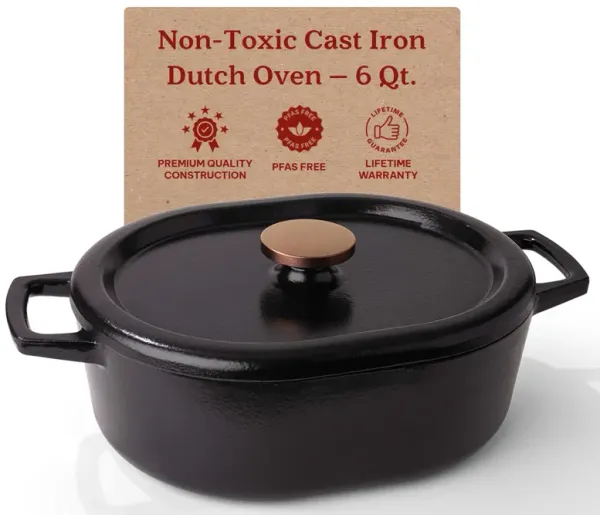 Alva Nori Enameled Cast Iron Dutch Oven with Lid 6 Qt. Scratch Resistant Nonstick Stove-to-Table Oval Enamel Coated Pot, Non Toxic, Compatible with All Stovetops, Oven Safe & Induction Safe