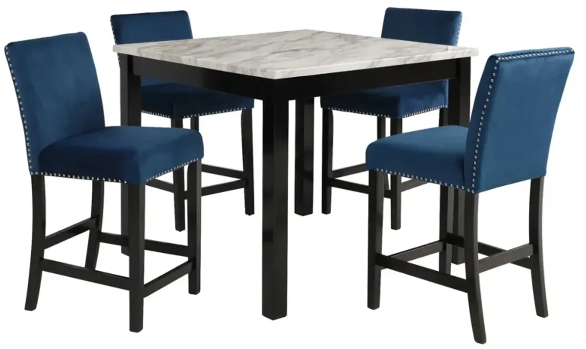 Jordan 5 Piece Counter Height Table Set, 4 Chairs, Wood, Royal Blue Velvet - Benzara