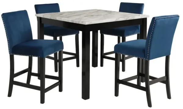 Jordan 5 Piece Counter Height Table Set, 4 Chairs, Wood, Royal Blue Velvet - Benzara