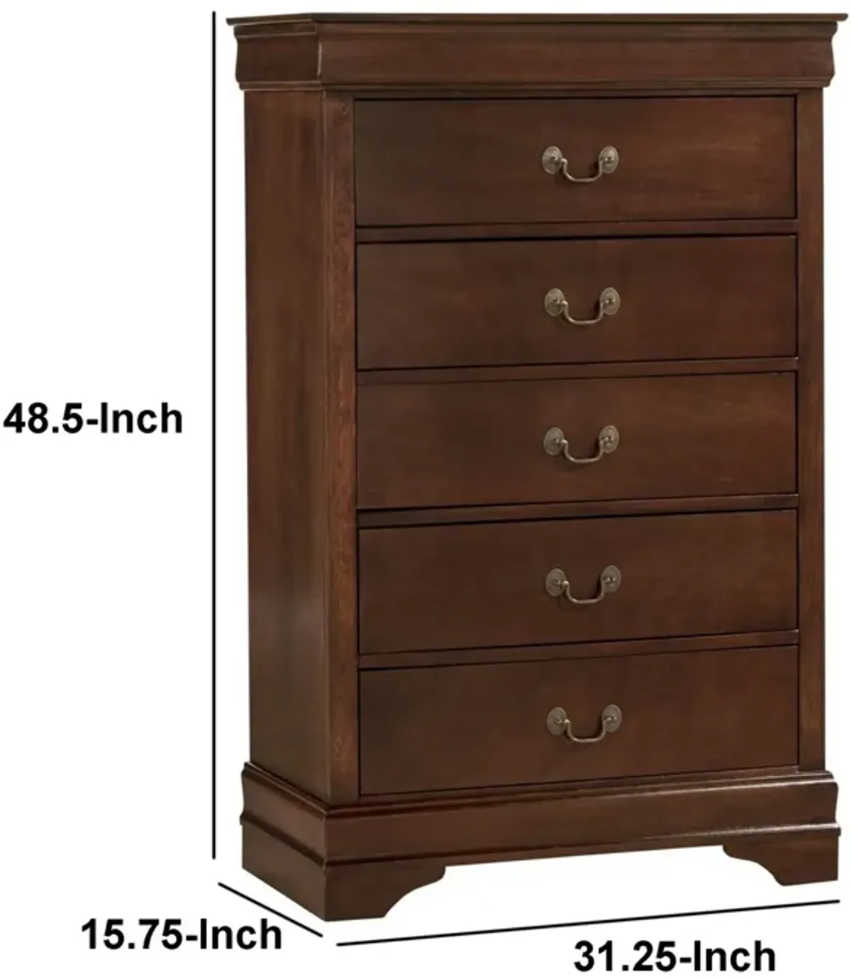 5 Drawer Wooden Chest with Metal Hardware, Cherry Brown - Benzara