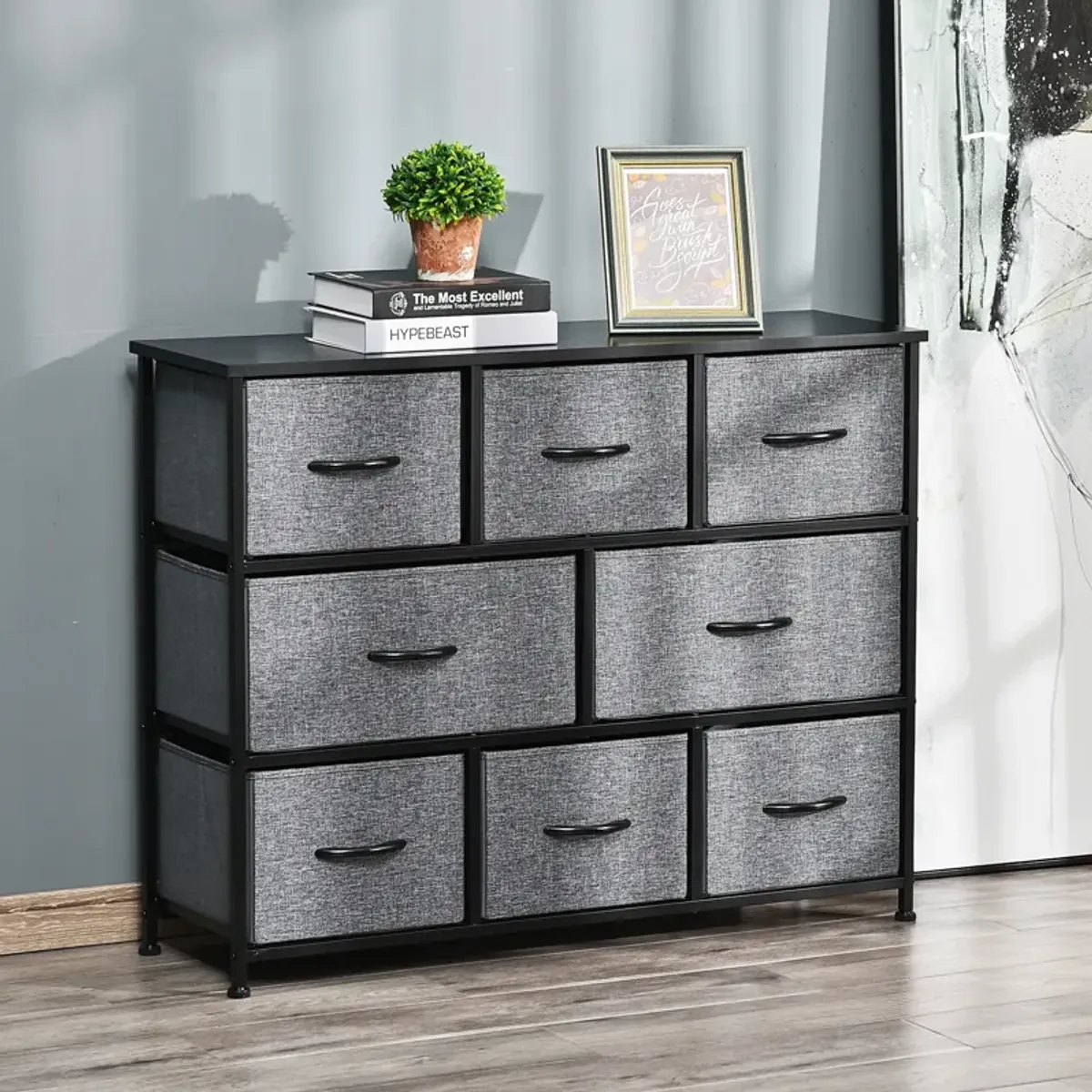 HOMCOM 8-Drawer Dresser, 3-Tier Fabric Chest of Drawers, Storage Tower Organizer Unit with Steel Frame for Bedroom, Hallway, Dark Grey