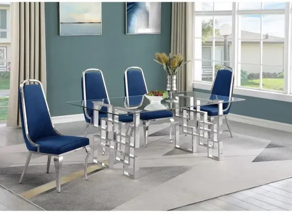 5-piece glam dining set with 4 Navy blue chairs and one 79"L glass dining table
