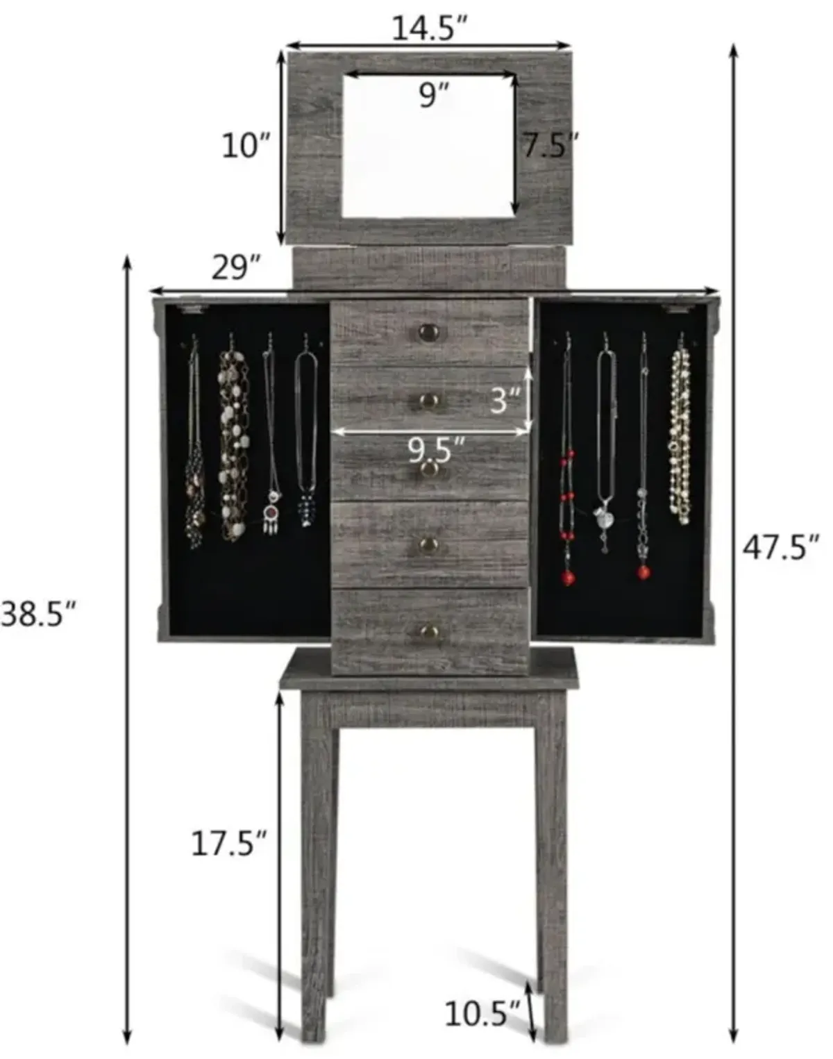 Hivvago Standing Jewelry Cabinet Storage Organizer with Wooden Legs-Gray