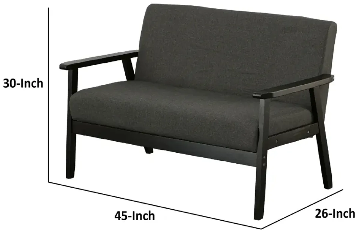 Gala 45 Inch Modern Loveseat Bench, Dark Gray Fabric, Jet Black Wood Frame-Benzara