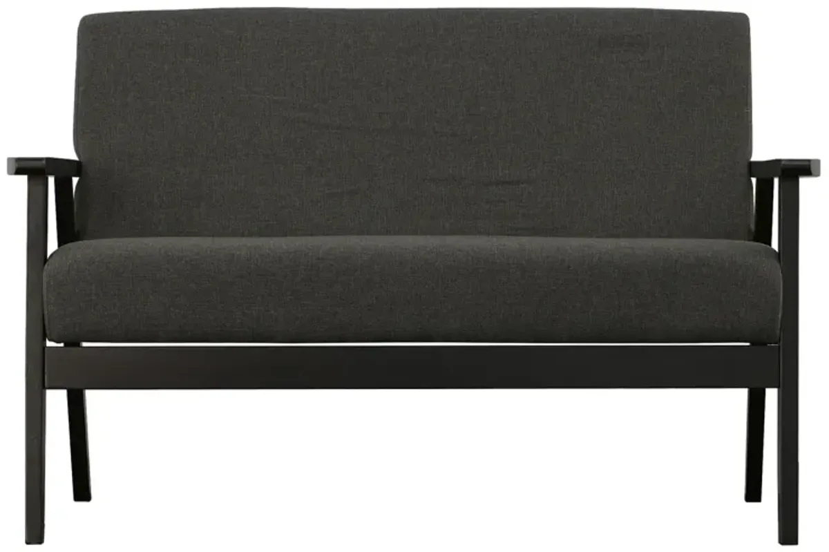 Gala 45 Inch Modern Loveseat Bench, Dark Gray Fabric, Jet Black Wood Frame-Benzara