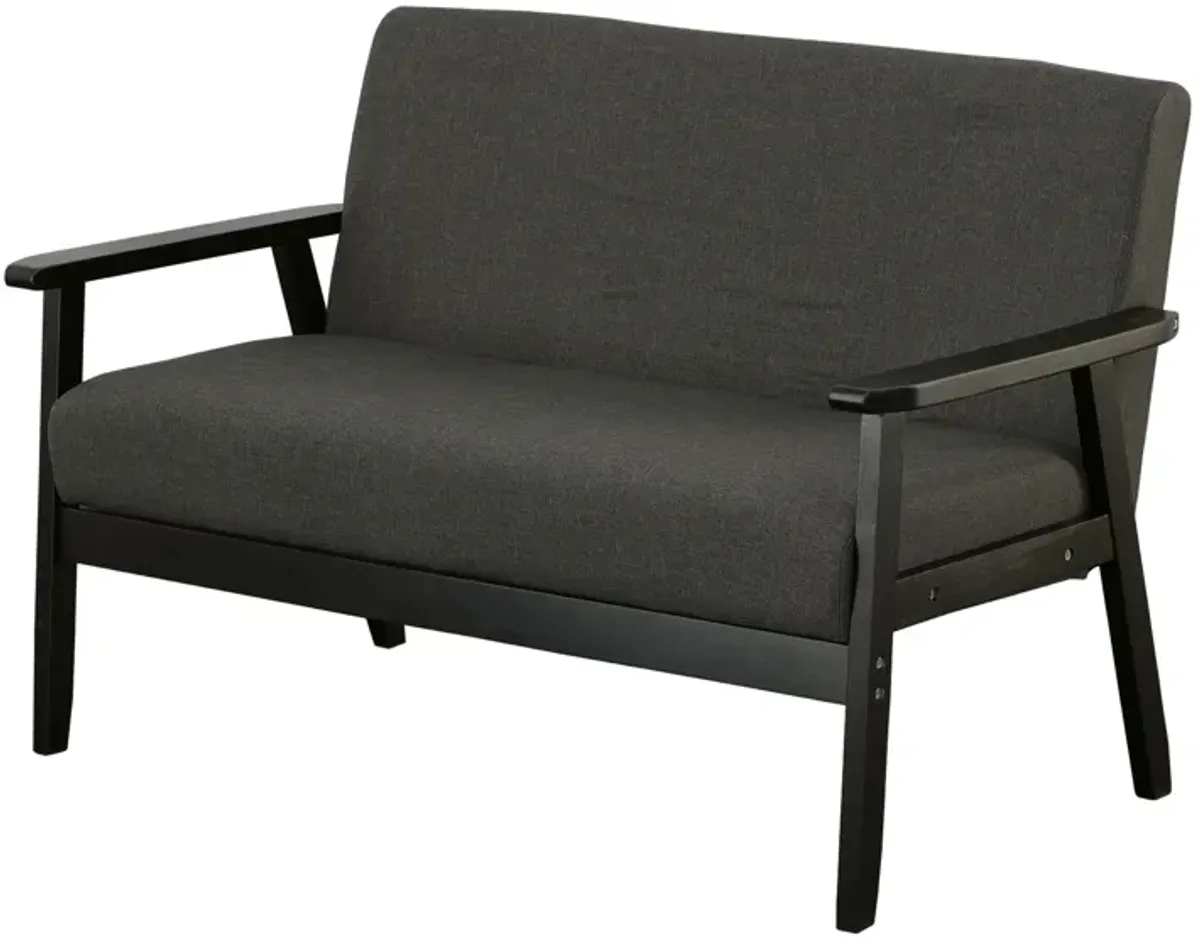 Gala 45 Inch Modern Loveseat Bench, Dark Gray Fabric, Jet Black Wood Frame-Benzara