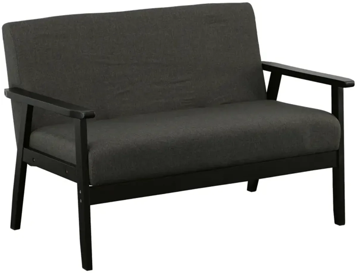 Gala 45 Inch Modern Loveseat Bench, Dark Gray Fabric, Jet Black Wood Frame-Benzara