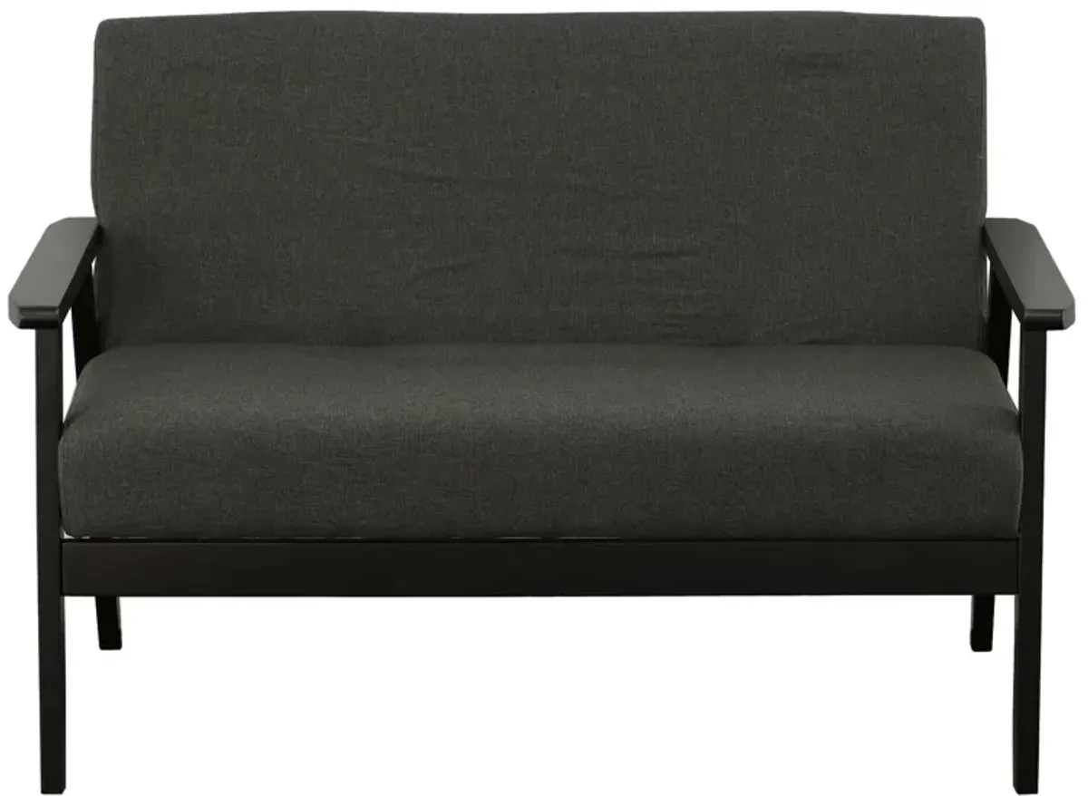 Gala 45 Inch Modern Loveseat Bench, Dark Gray Fabric, Jet Black Wood Frame-Benzara