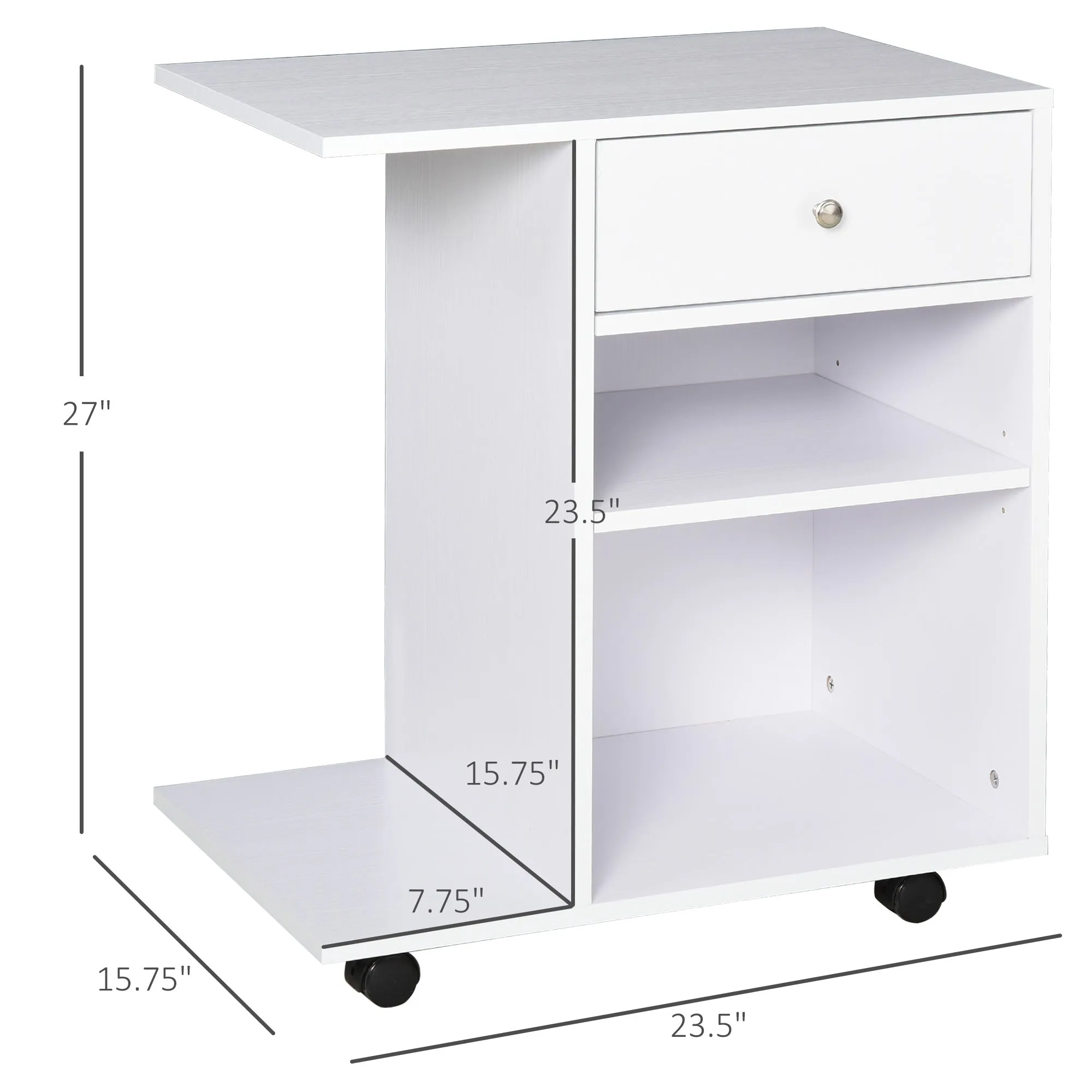 White Printer Table Desk Rolling Cart Stand with Wheels Adjustable Shelf Drawer and CPU Stand