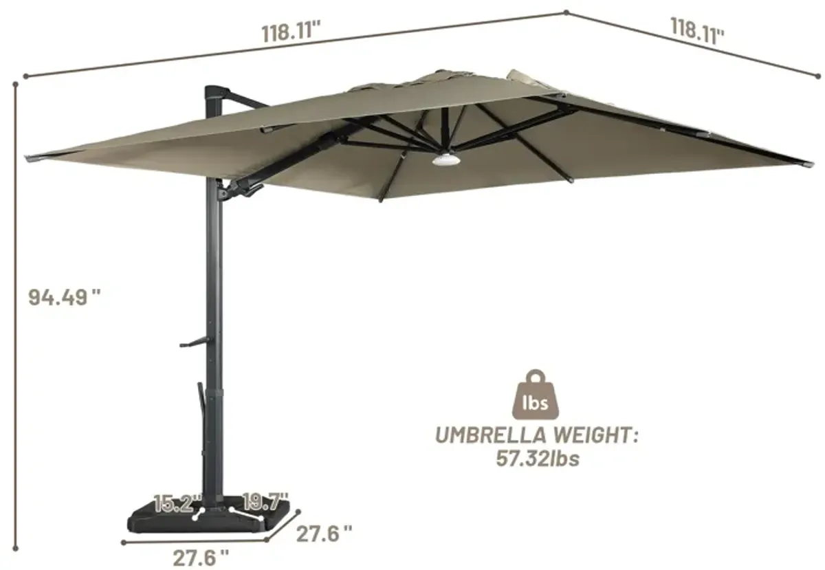 10 ft. 360° Rotation Square Cantilever Patio Umbrella with Base and BT in Taupe