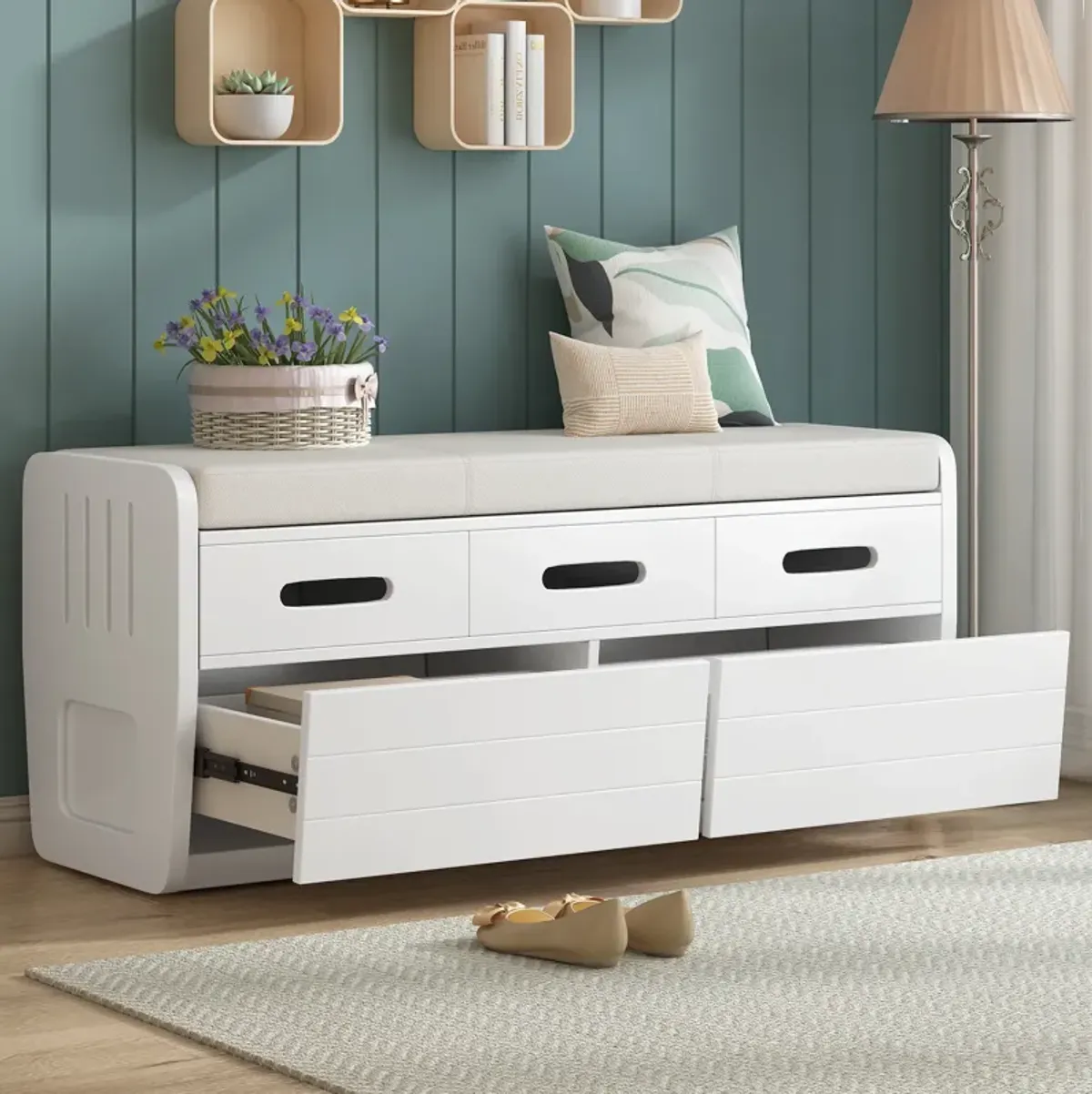 Clihome Rustic Storage Bench with 2 Drawers, Hidden Storage Space, and 3 False Drawers at the Top, Shoe Bench for Living Room, Entryway  (White)