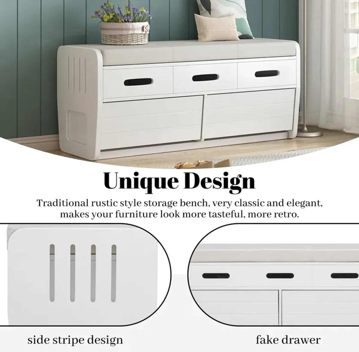 Clihome Rustic Storage Bench with 2 Drawers, Hidden Storage Space, and 3 False Drawers at the Top, Shoe Bench for Living Room, Entryway  (White)