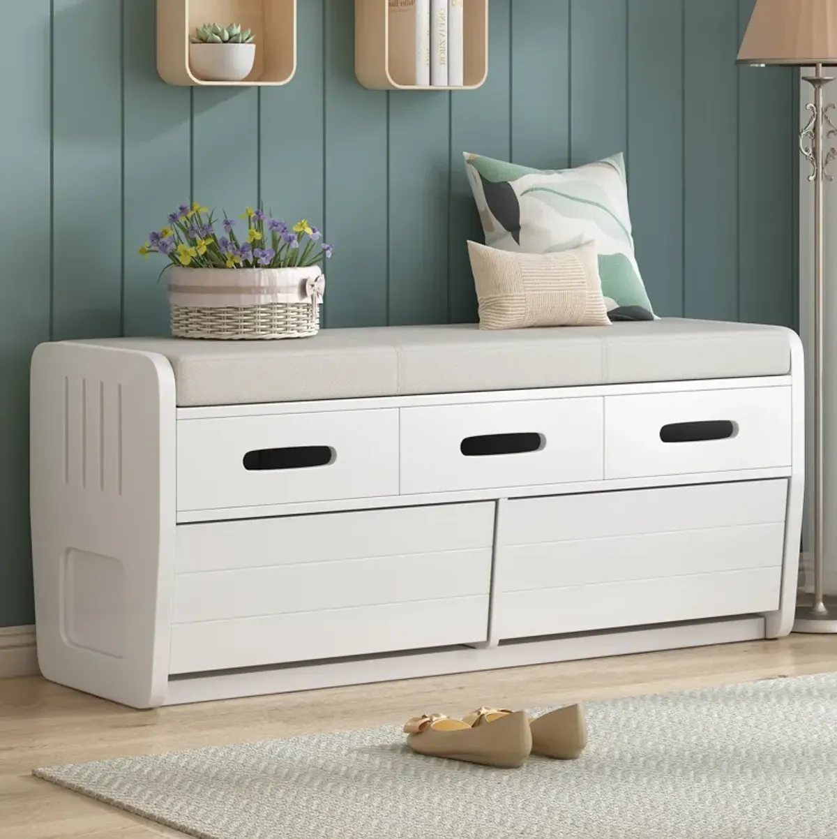 Clihome Rustic Storage Bench with 2 Drawers, Hidden Storage Space, and 3 False Drawers at the Top, Shoe Bench for Living Room, Entryway  (White)
