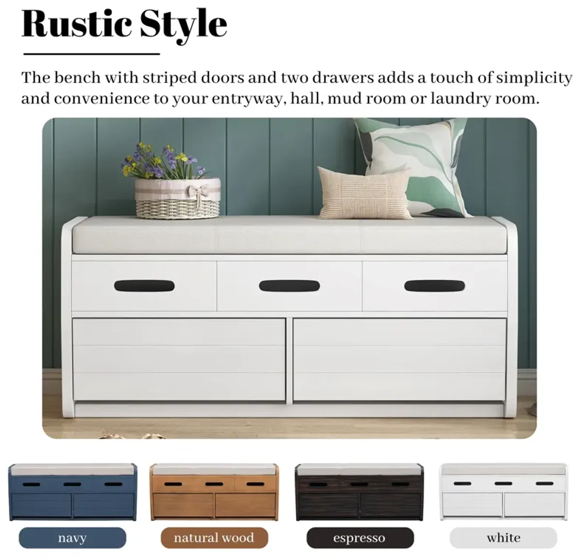 Clihome Rustic Storage Bench with 2 Drawers, Hidden Storage Space, and 3 False Drawers at the Top, Shoe Bench for Living Room, Entryway  (White)