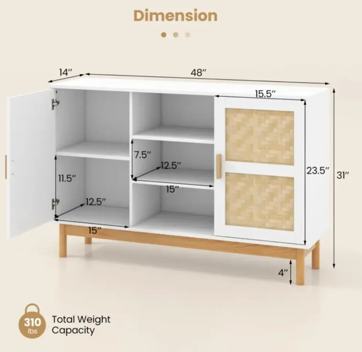 Hivvago 48 Inch Sideboard Buffet Cabinet Floor Storage Cabinet with 2 Bamboo Woven Doors