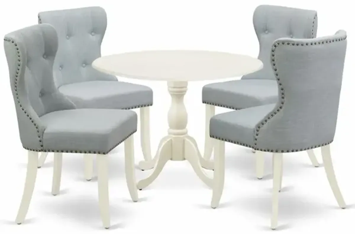 East West Furniture DMSI5-LWH-15 5 Piece Dining Set Consists of 1 Drop Leaves Dining Table and 4 Baby Blue Linen Fabric Parson Dining Chairs Button Tufted Back with Nail Heads - Linen White Finish