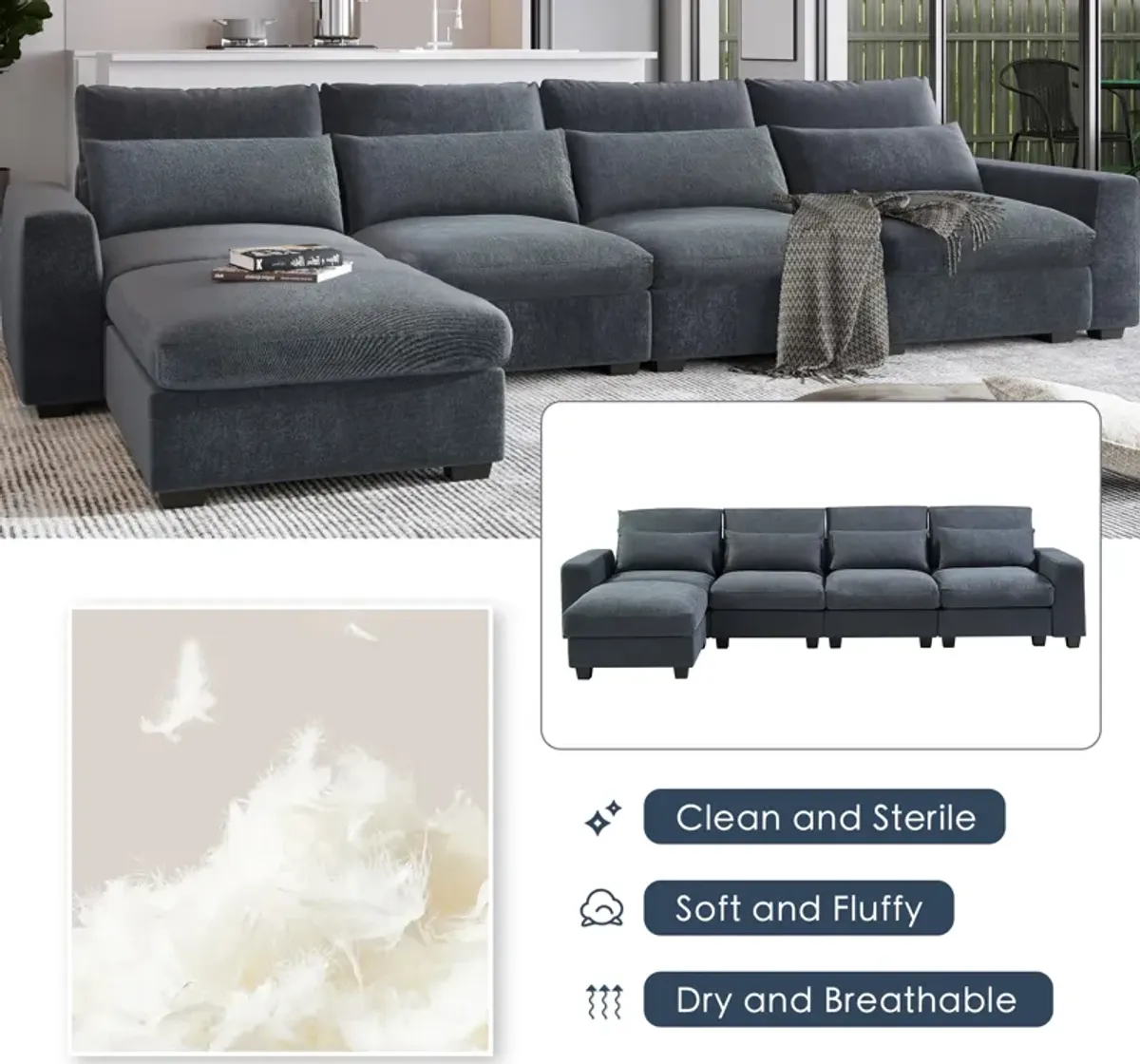 Modern Large L-Shape Feather Filled Sectional Sofa