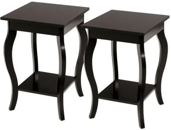 Modern Nightstand End Table with Bottom Shelf in Espresso Wood Finish - Set of 2