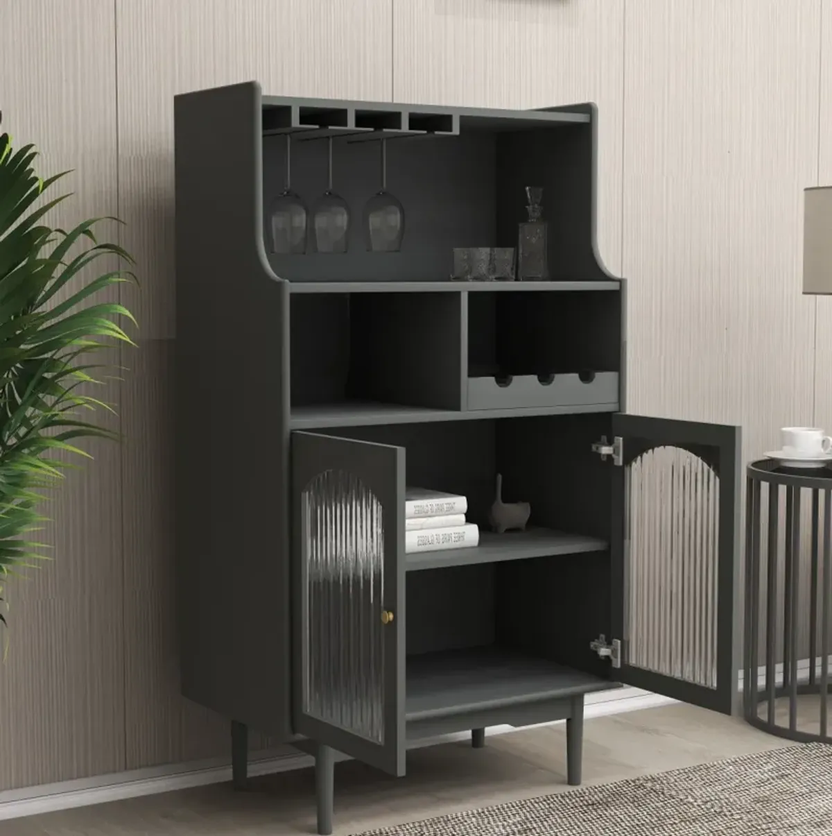 Grey wine cabinet with glass doors & removable racks