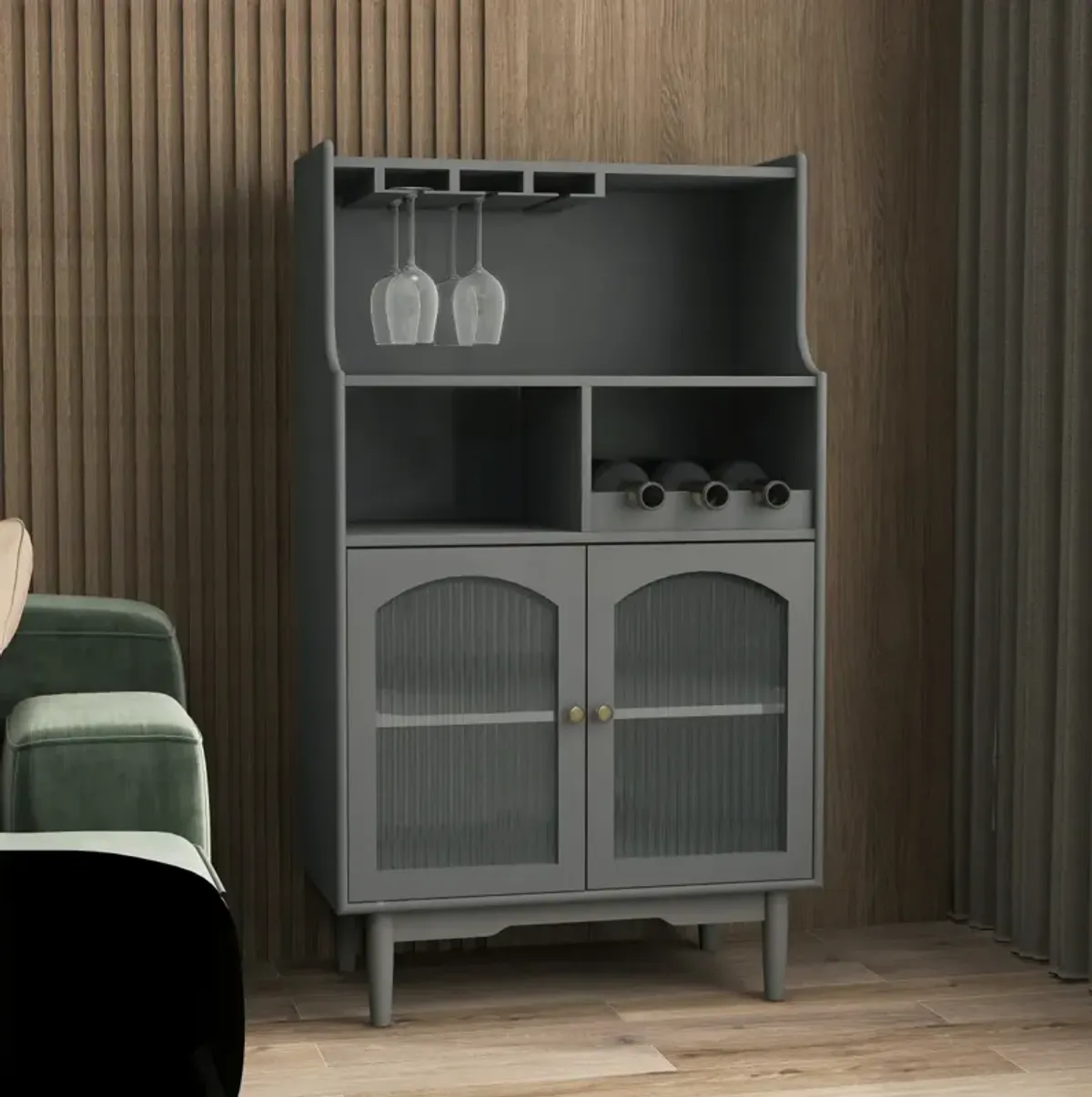 Grey wine cabinet with glass doors & removable racks