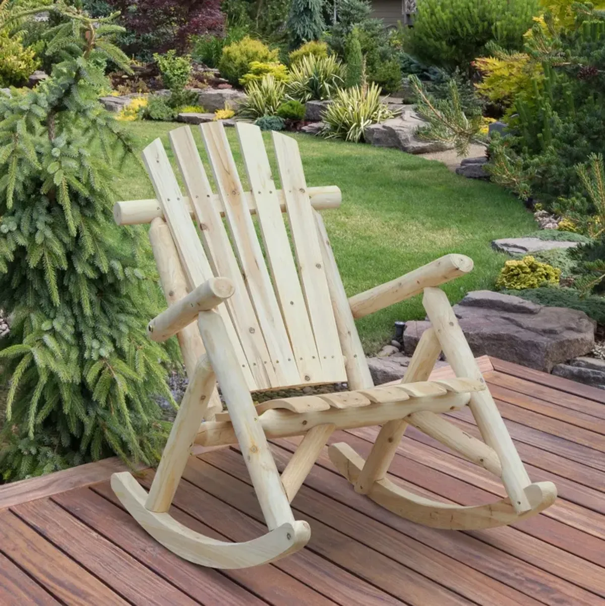 Natural Porch Rocker: Wooden Adirondack Chair with Slatted Design