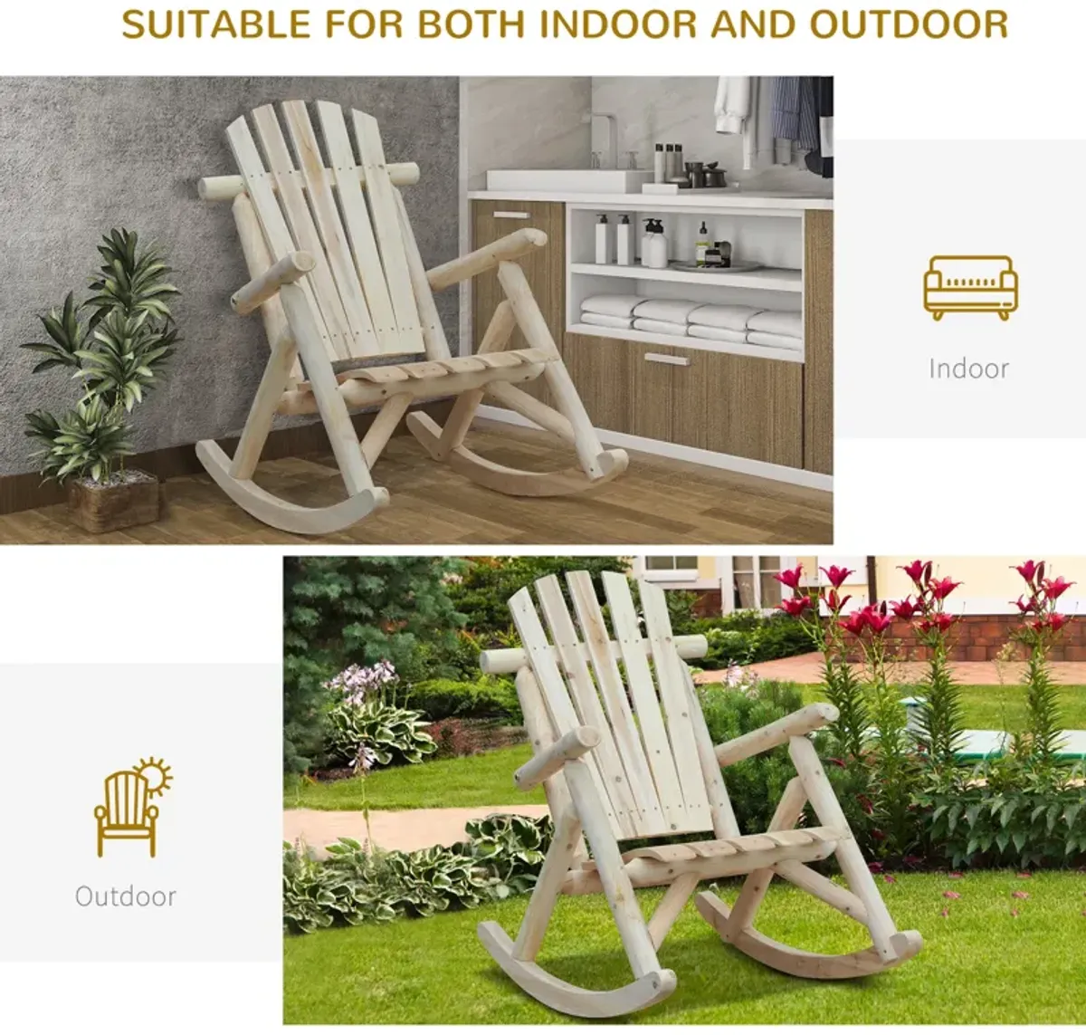 Natural Porch Rocker: Wooden Adirondack Chair with Slatted Design