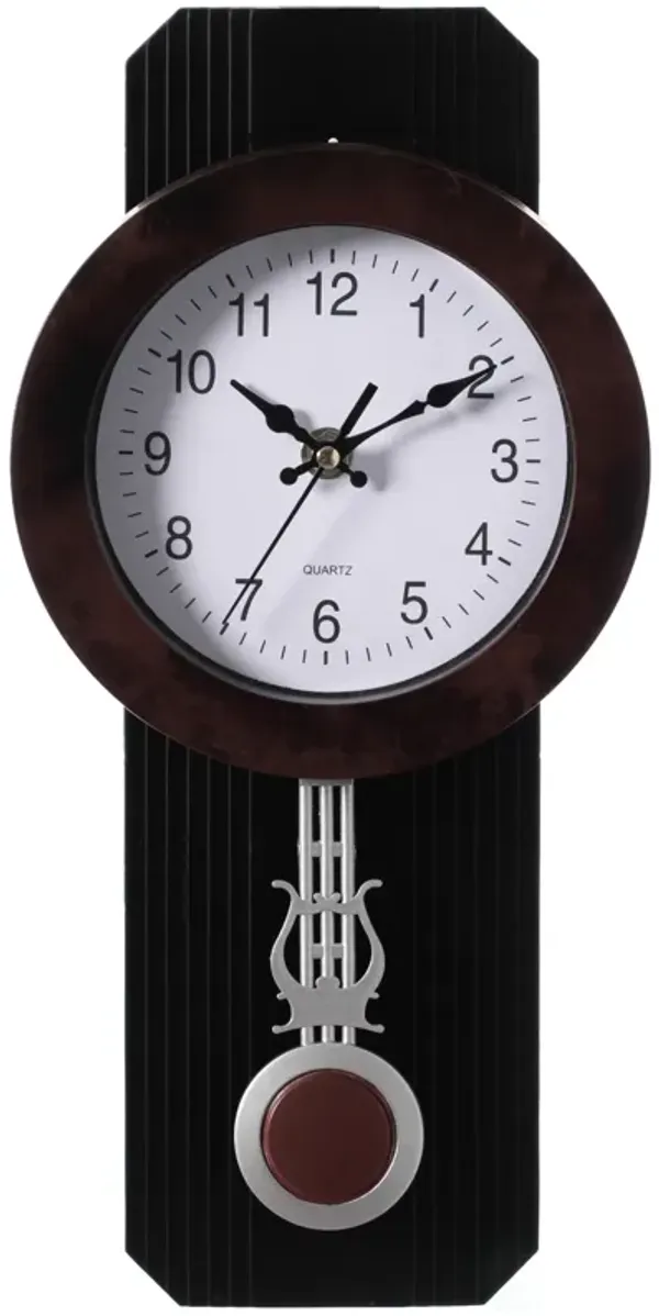 Wood-Look Pendulum Plastic Wall Clock, Farmhouse Decor for Living Room, Kitchen, or Dining Room, Silent Clock with Roman Numerals, Battery Powered, Large Decorative Wall Clock, Easy-to-Read, Black
