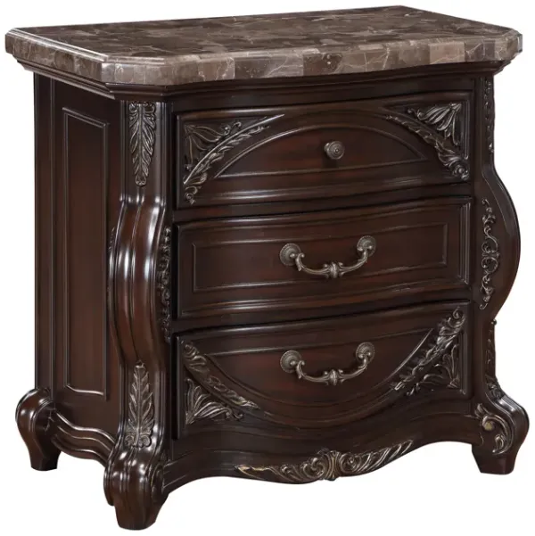 Faya Nightstand with Marble Top, USB Port and 3 Drawers, Brown Wood - Benzara