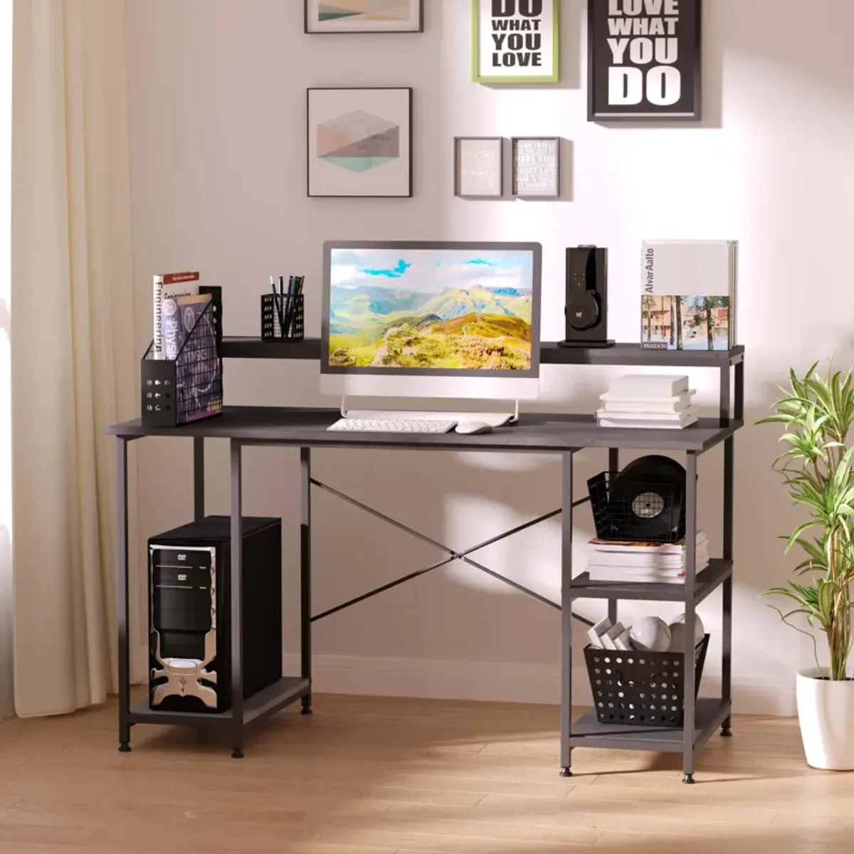 Grey Wood Grain Workspace: 55" Home Office Desk with Shelves