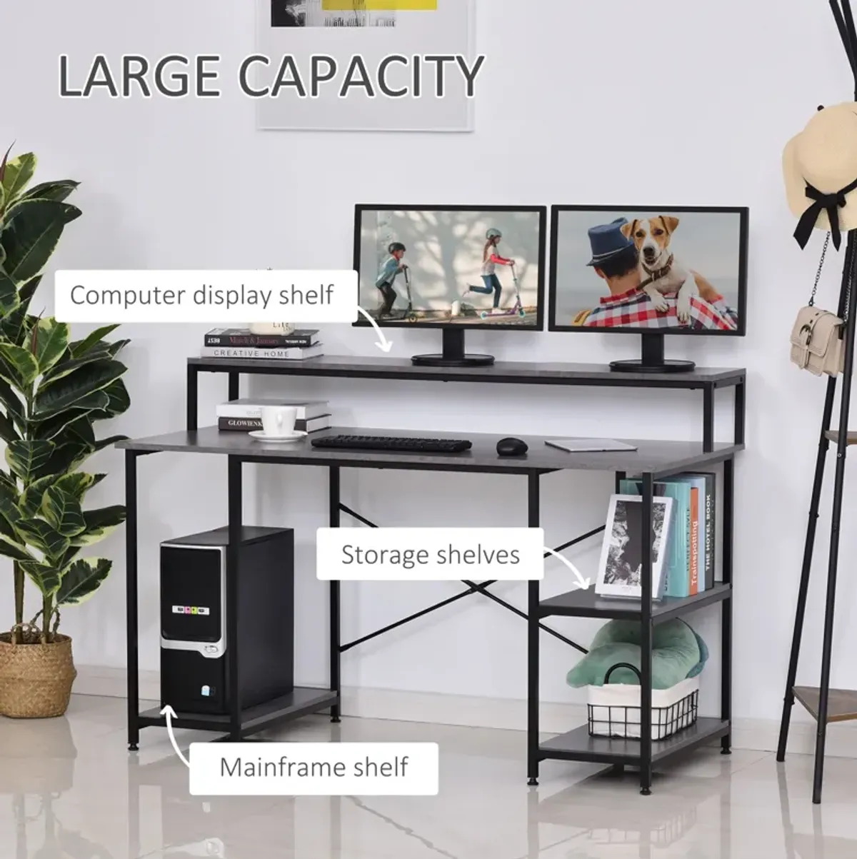 Grey Wood Grain Workspace: 55" Home Office Desk with Shelves