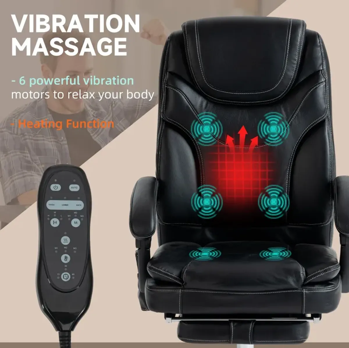 Black PU Leather Massage Chair: 6 Vibration Points, Heated