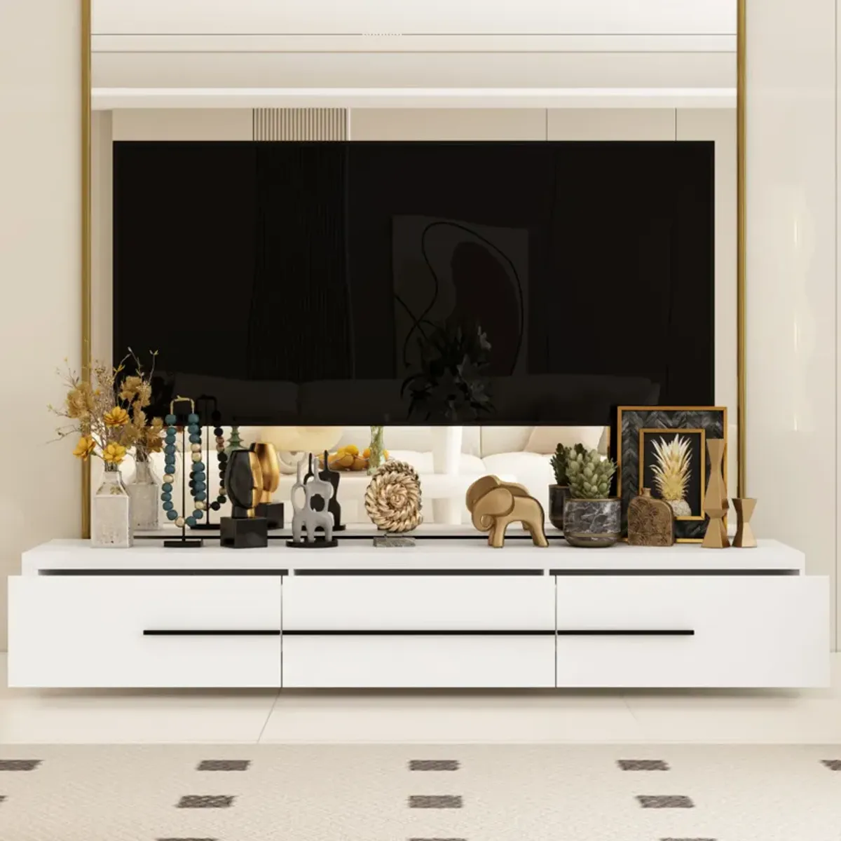 FUFU&GAGA Modern TV Stand with Open Shelving and Drawer Storage, (70.9" W x 15.7" D x 11.4" H),White