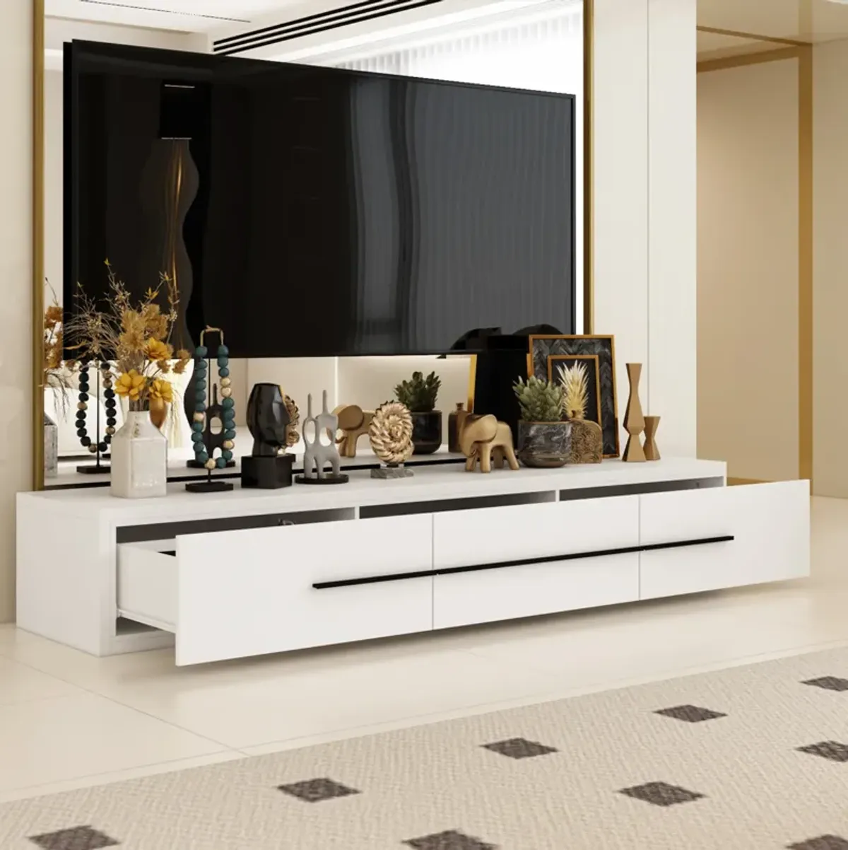 FUFU&GAGA Modern TV Stand with Open Shelving and Drawer Storage, (70.9" W x 15.7" D x 11.4" H),White