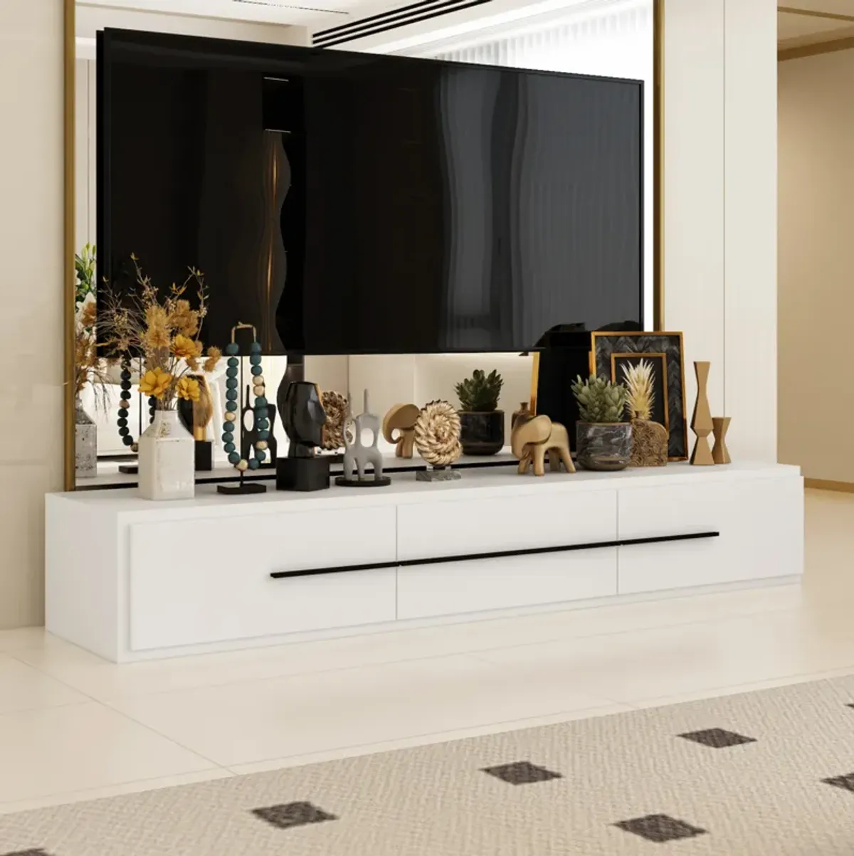 FUFU&GAGA Modern TV Stand with Open Shelving and Drawer Storage, (70.9" W x 15.7" D x 11.4" H),White