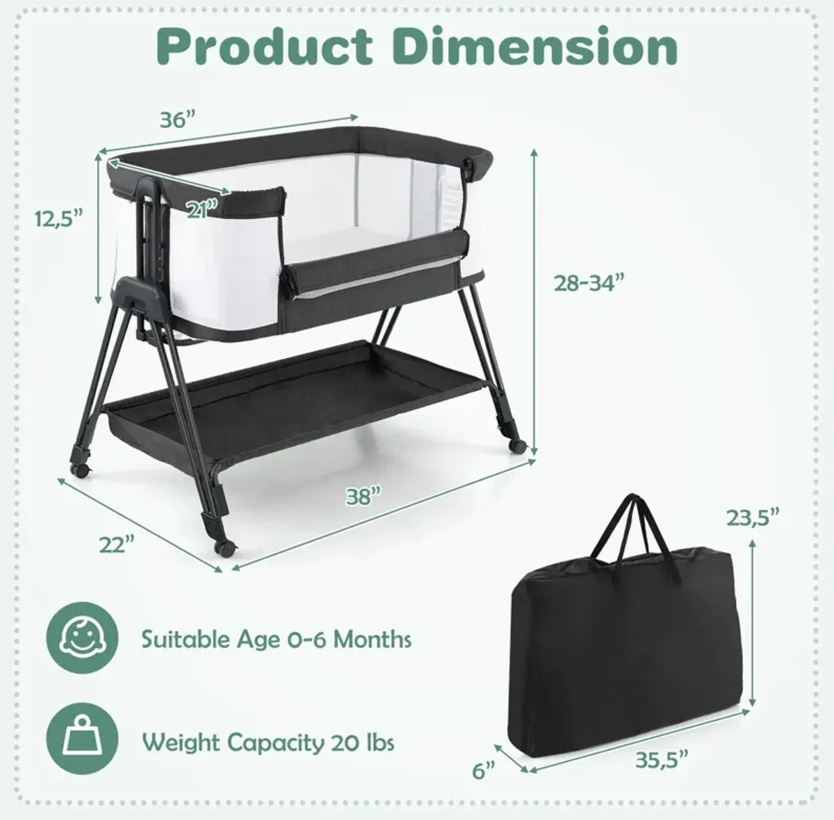 Baby Portable Bedside Sleeper with 7 Adjustable Heights