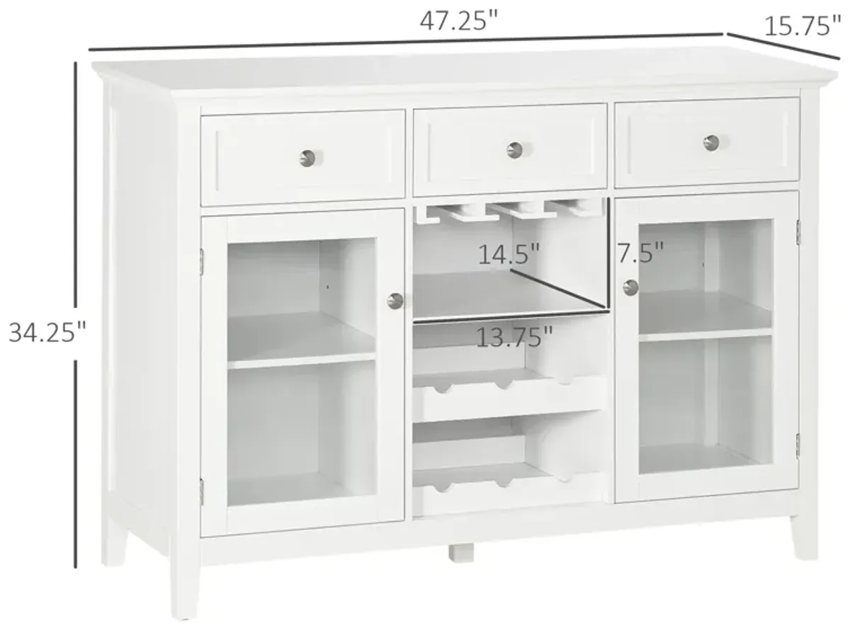 HOMCOM Coffee Bar Cabinet with 3 Drawers, 6-Bottle Wine Rack, Stemware Racks, Glass Door, Sideboard Buffet Cabinet, Wine Cabinet, White