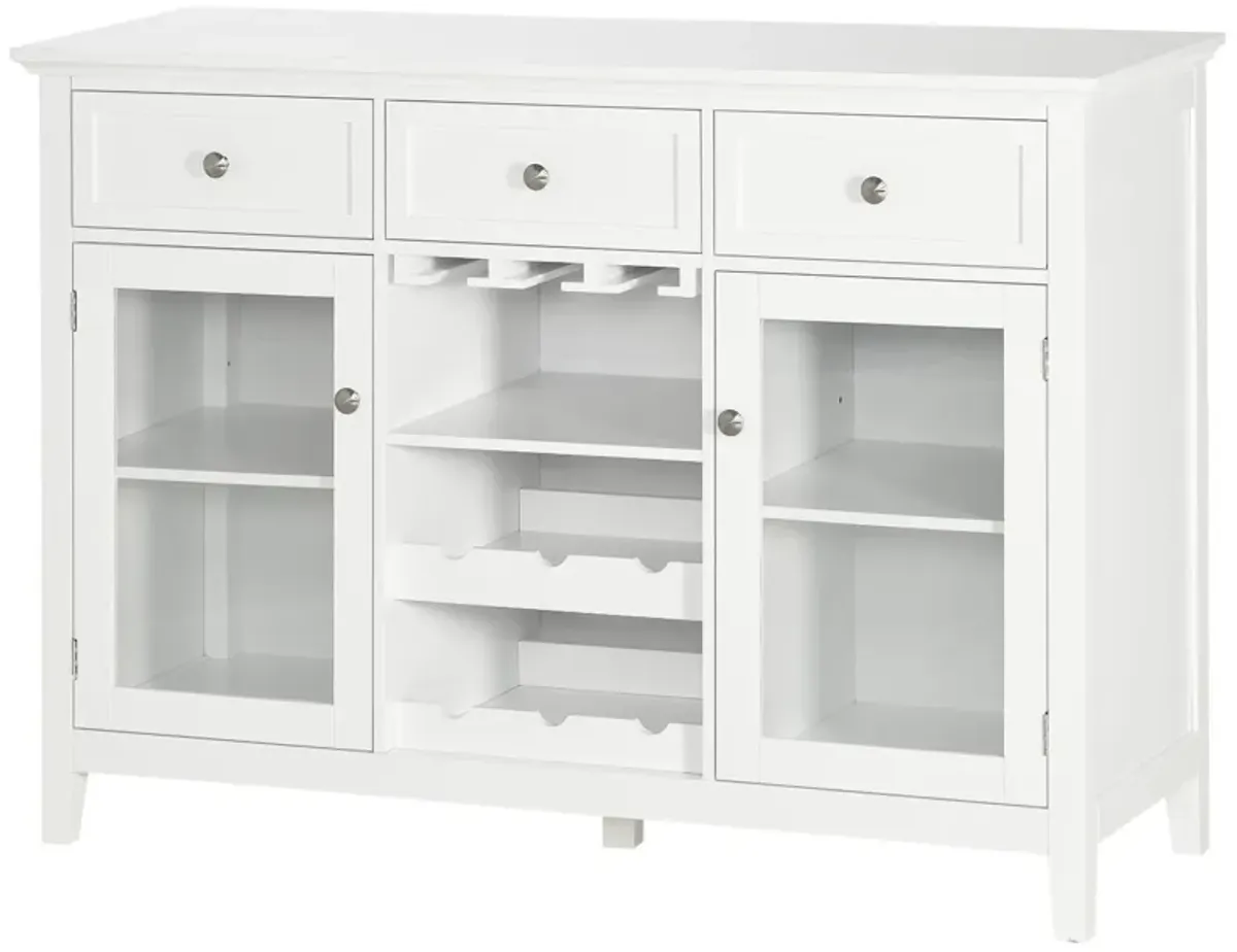 HOMCOM Coffee Bar Cabinet with 3 Drawers, 6-Bottle Wine Rack, Stemware Racks, Glass Door, Sideboard Buffet Cabinet, Wine Cabinet, White