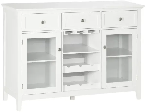HOMCOM Coffee Bar Cabinet with 3 Drawers, 6-Bottle Wine Rack, Stemware Racks, Glass Door, Sideboard Buffet Cabinet, Wine Cabinet, White
