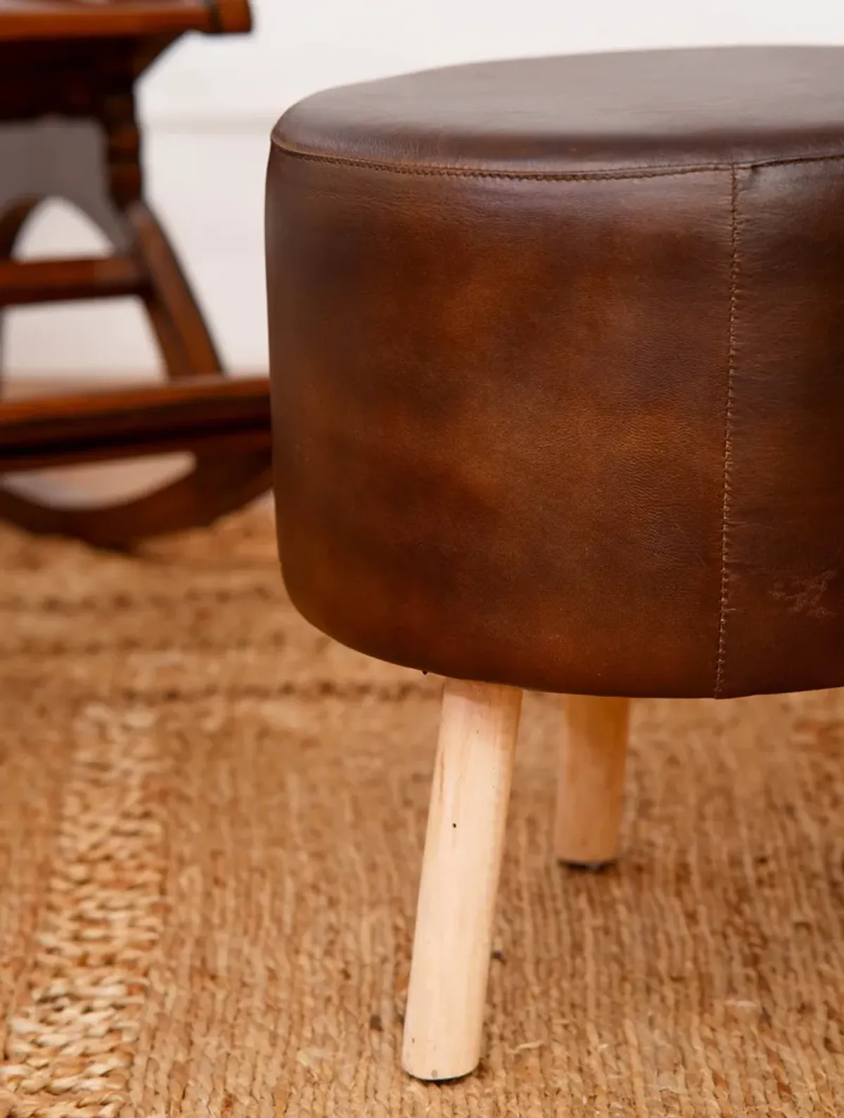 Handmade Eco-Friendly Geometric Buffalo Leather & Wood Black Round Ottomon Stool 14"x14"x14" From BBH Homes