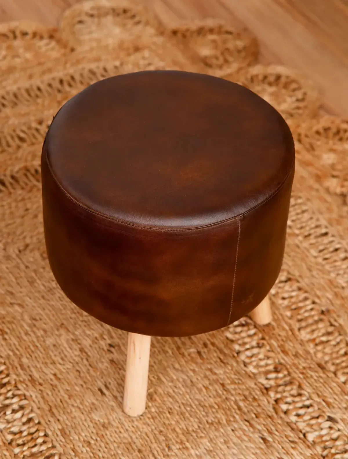 Handmade Eco-Friendly Geometric Buffalo Leather & Wood Black Round Ottomon Stool 14"x14"x14" From BBH Homes